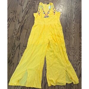 Angela Plus Women's 2XL Yellow Floral Embroidered Wide Leg Jumpsuit NWT